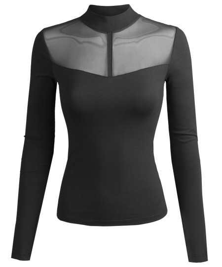 Women's Fitted Long Sleeve Stretch Mock Neck Mesh Detail Top