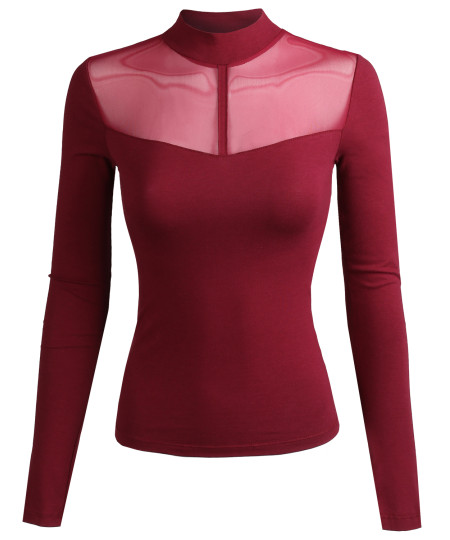 Women's Fitted Long Sleeve Stretch Mock Neck Mesh Detail Top