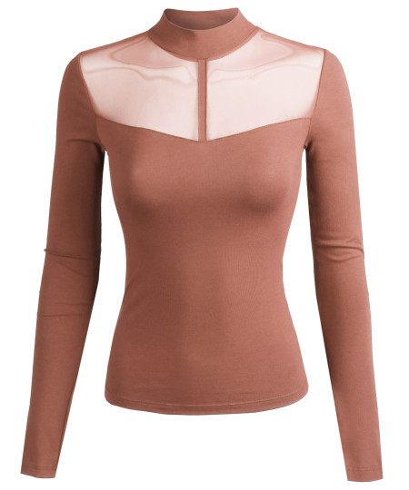 Women's Fitted Long Sleeve Stretch Mock Neck Mesh Detail Top