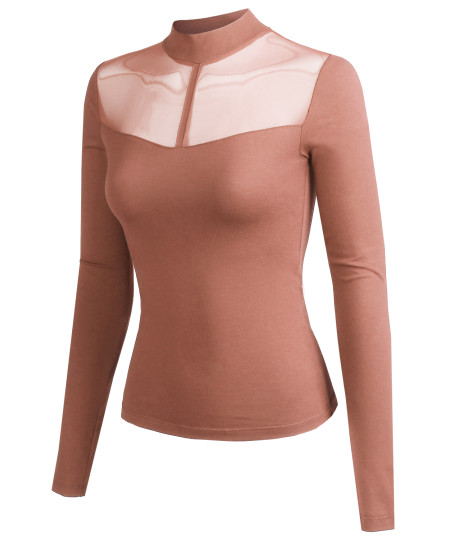 Women's Fitted Long Sleeve Stretch Mock Neck Mesh Detail Top