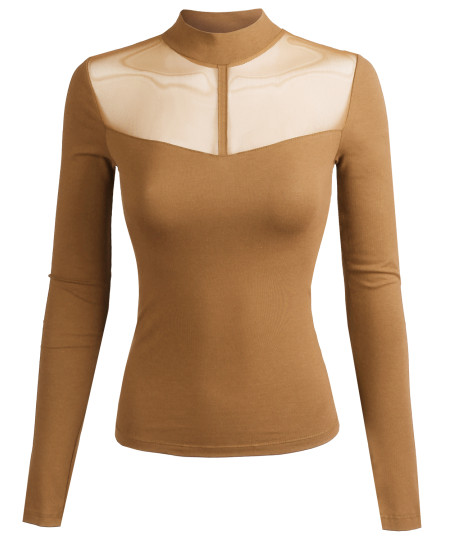 Women's Fitted Long Sleeve Stretch Mock Neck Mesh Detail Top