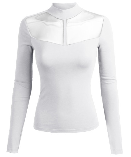 Women's Fitted Long Sleeve Stretch Mock Neck Mesh Detail Top