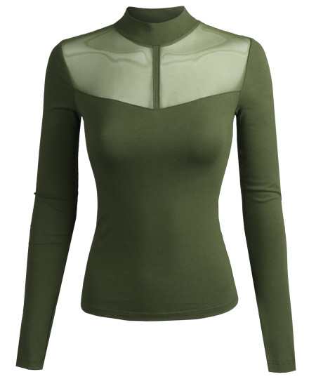 Women's Fitted Long Sleeve Stretch Mock Neck Mesh Detail Top