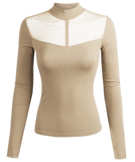 Women's Fitted Long Sleeve Stretch Mock Neck Mesh Detail Top