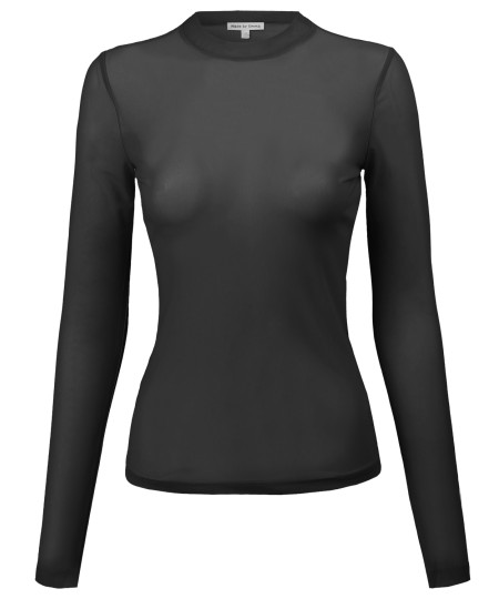 Women's Fitted Long Sleeve Stretch Mock Neck Sheer Mesh Top