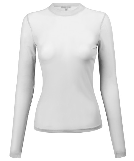 Women's Fitted Long Sleeve Stretch Mock Neck Sheer Mesh Top