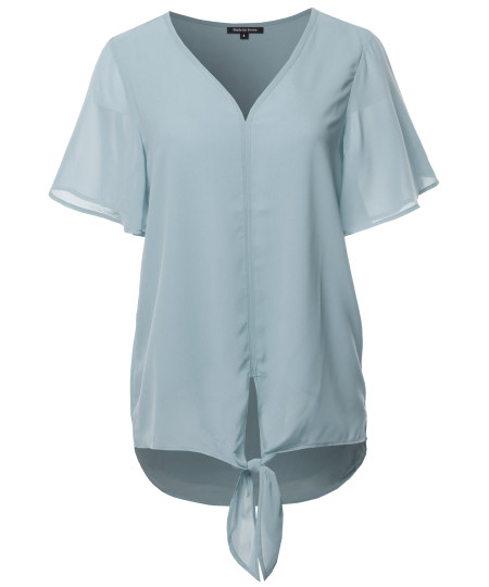 Women's Solid Double Layer Chiffon Front Tie  V-Neck Top