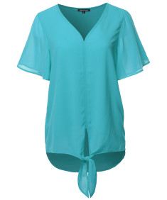 Women's Solid Double Layer Chiffon Front Tie  V-Neck Top