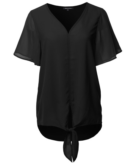 Women's Solid Double Layer Chiffon Front Tie  V-Neck Top