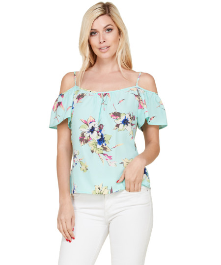 Women's Casual Floral Print Off Shoulder Chiffon Blouse Top - Made In USA
