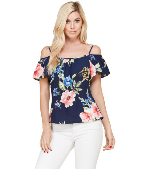 Women's Casual Floral Print Off Shoulder Chiffon Blouse Top - Made In USA