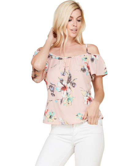 Women's Casual Floral Print Off Shoulder Chiffon Blouse Top - Made In USA