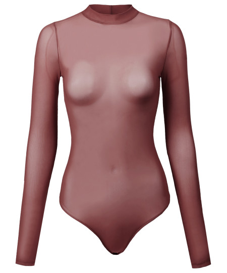 Women's Solid Long Sleeve Mock Neck Sheer Mesh Bodysuit