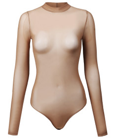 Women's Solid Long Sleeve Mock Neck Sheer Mesh Bodysuit