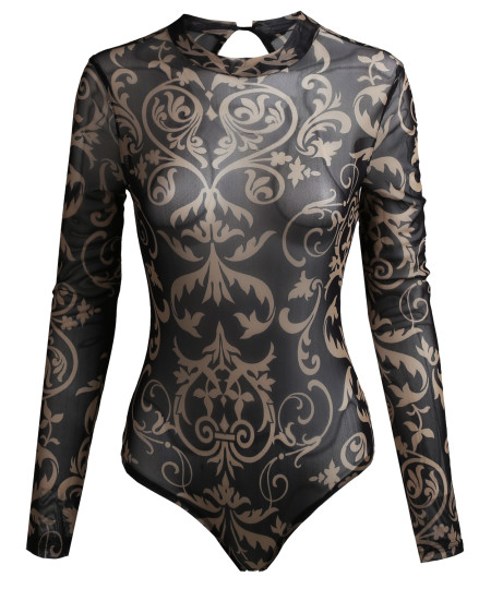 Women's Printed Long Sleeve Mock Neck Sheer Mesh Bodysuit