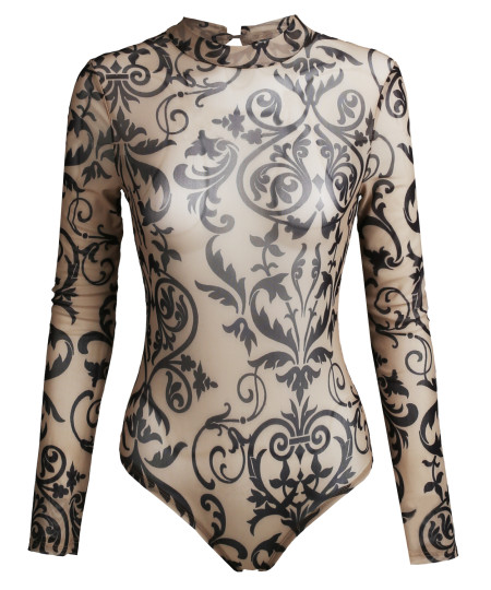 Women's Printed Long Sleeve Mock Neck Sheer Mesh Bodysuit
