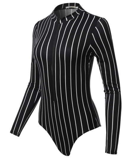 Women's Casual Luxury Front Zipper Brushed Dty Long Sleeve Strip Bodysuit