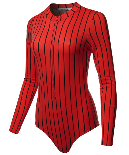 Women's Casual Luxury Front Zipper Brushed Dty Long Sleeve Strip Bodysuit