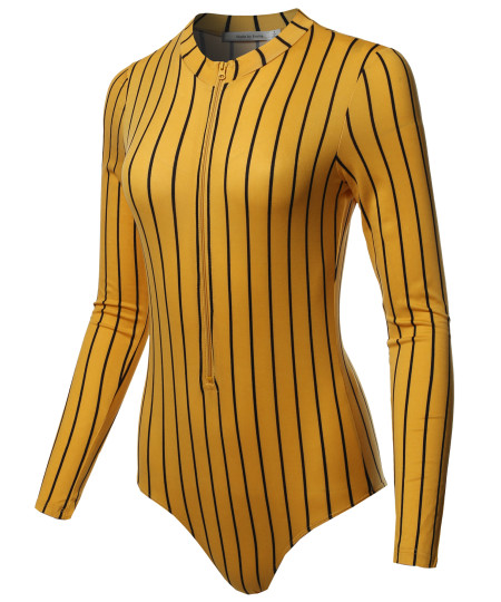 Women's Casual Luxury Front Zipper Brushed Dty Long Sleeve Strip Bodysuit