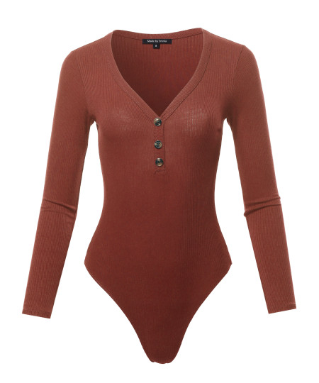 Women's Classic Ribbed Long Sleeve Button Down Bodysuit