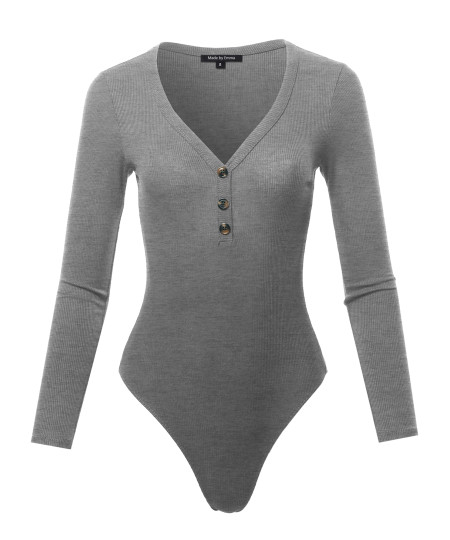 Women's Classic Ribbed Long Sleeve Button Down Bodysuit