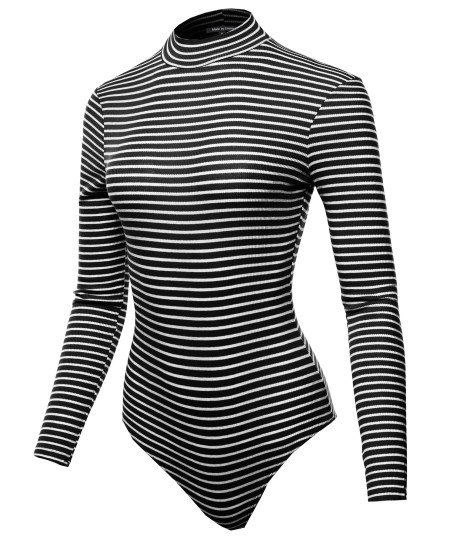 Women's Ribbed Stripe Mock Neck Long Sleeve Bodysuit