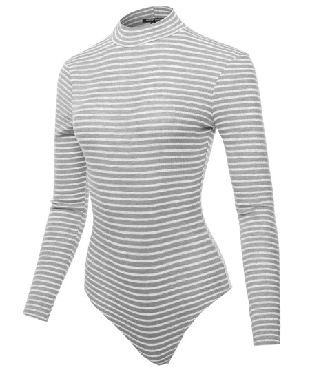 Women's Ribbed Stripe Mock Neck Long Sleeve Bodysuit