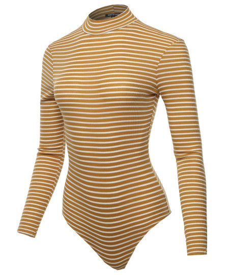 Women's Ribbed Stripe Mock Neck Long Sleeve Bodysuit