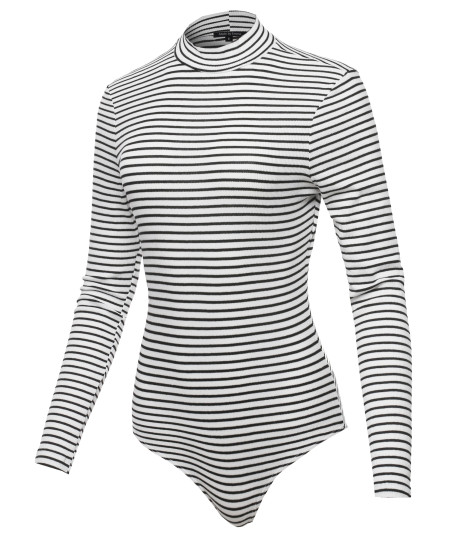 Women's Ribbed Stripe Mock Neck Long Sleeve Bodysuit