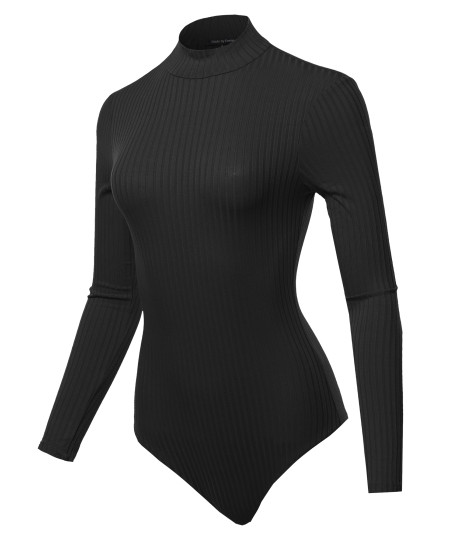 Women's Wide-Ribbed Mock Neck Long Sleeve Bodysuit