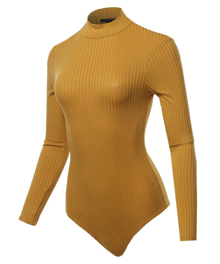 Women's Wide-Ribbed Mock Neck Long Sleeve Bodysuit