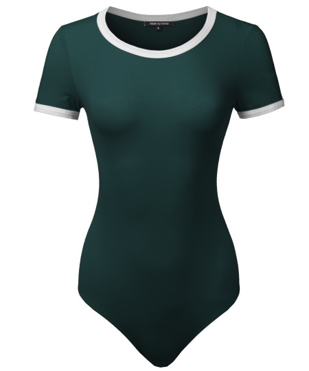 Women's Classic Solid Short Sleeve Contrast Binding Detail Bodysuit