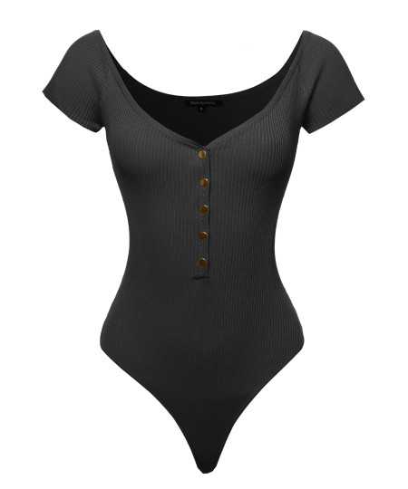 Women's Sexy Short Sleeve V Neck Button Down Bodysuit