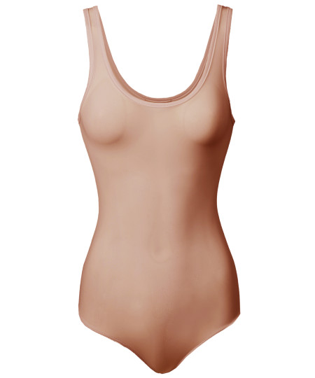 Women's Solid Sleeveless Scoop Neck Sheer See Through Mesh Bodysuit