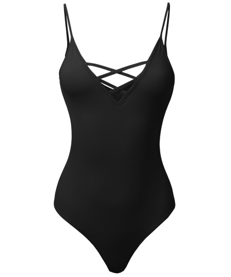 Women's Sexy Solid Caged V-Neck Sleeveless Bodysuit