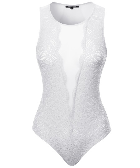 Women's Solid Sleeveless Sheer Mesh Lace Contrast Bodysuit