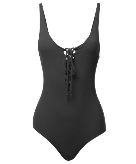 Women's Casual Sexy Solid Eyelet Lace Up Front Bodysuit