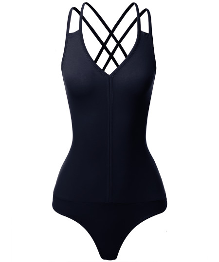 Women's Sleeveless V-Neck Double Strap and Back Cross Detail Bodysuit