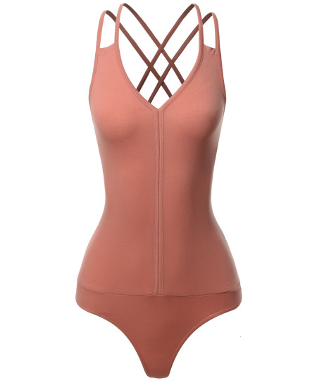 Women's Sleeveless V-Neck Double Strap and Back Cross Detail Bodysuit