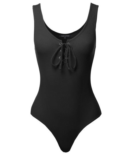 Women's Basic Solid Sleeveless Scoop Neck Drawstring Bodysuit