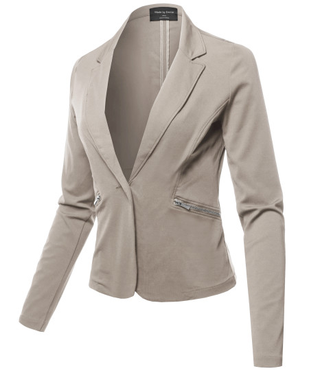 Women's Casual Solid Single Button Long Sleeve Side Zipper Pockets Ponte Blazer