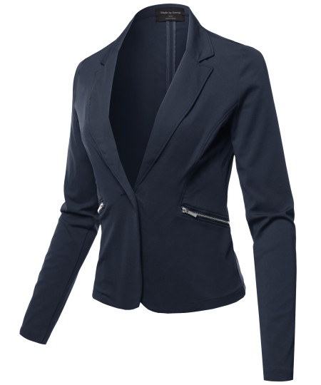 Women's Casual Solid Single Button Long Sleeve Side Zipper Pockets Ponte Blazer