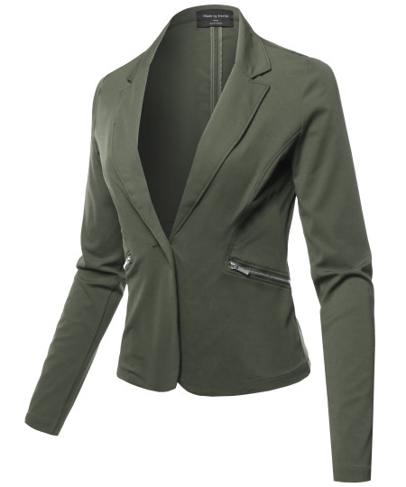 Women's Casual Solid Single Button Long Sleeve Side Zipper Pockets Ponte Blazer