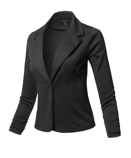 Women's Casual Work Solid 3/4 Shirring Sleeve Single button Stretch Knit Blazer