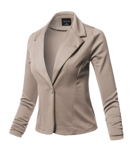 Women's Casual Work Solid 3/4 Shirring Sleeve Single button Stretch Knit Blazer