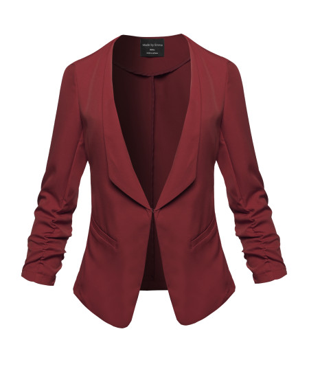Women's Casual Classic Solid 3/4 Shirring Side Pockets Sleeve Open Front Woven Jacket