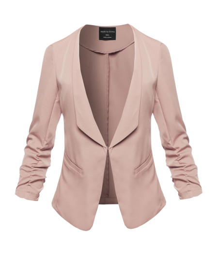 Women's Casual Classic Solid 3/4 Shirring Side Pockets Sleeve Open Front Woven Jacket