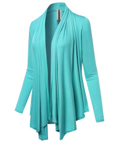 Women's Solid Jersey Knit Draped Open Front Long Sleeves Cardigan