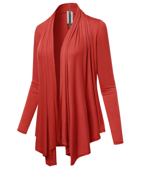 Women's Solid Jersey Knit Draped Open Front Long Sleeves Cardigan