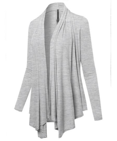 Women's Solid Jersey Knit Draped Open Front Long Sleeves Cardigan